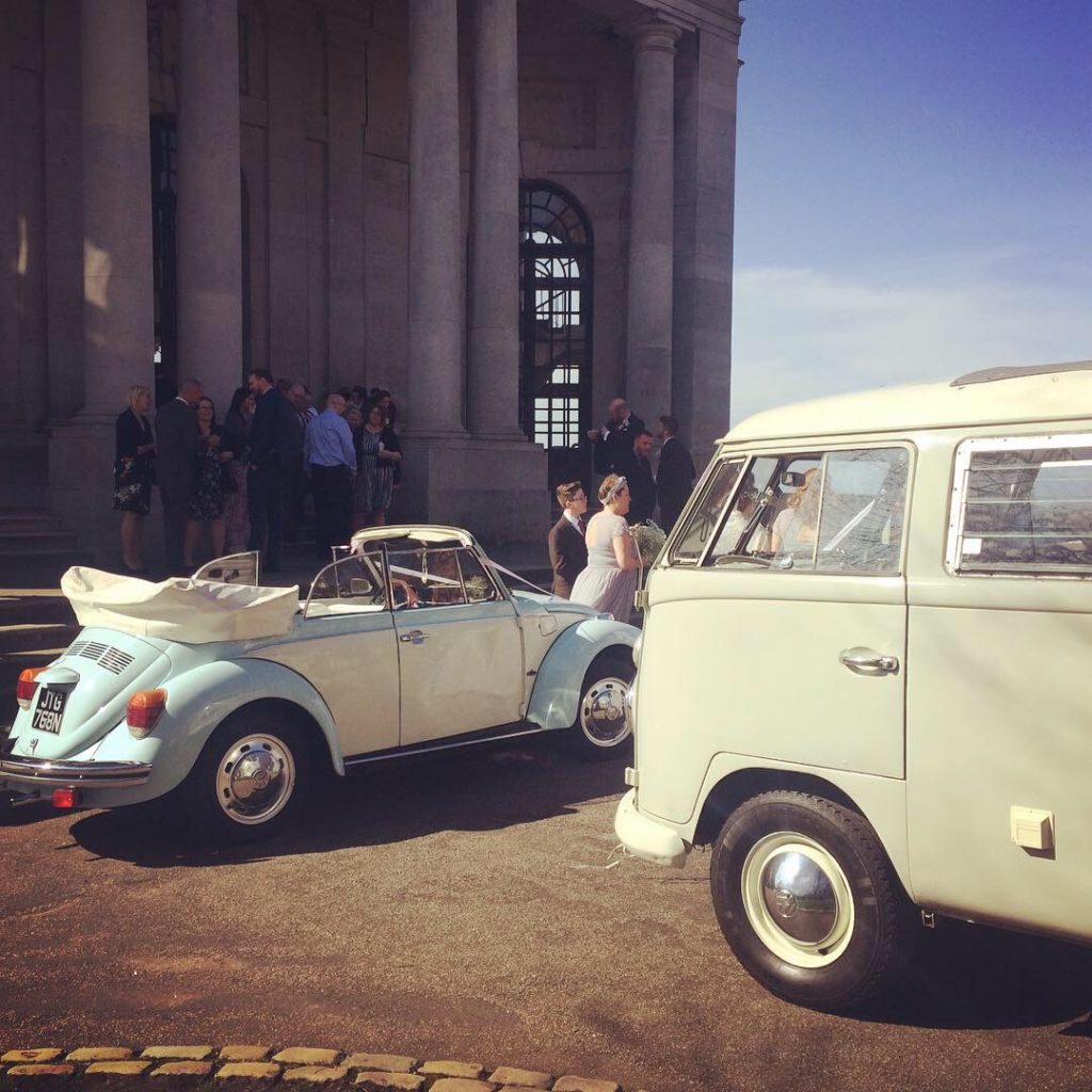 vw campervan and beetle at ashton memoria wedding